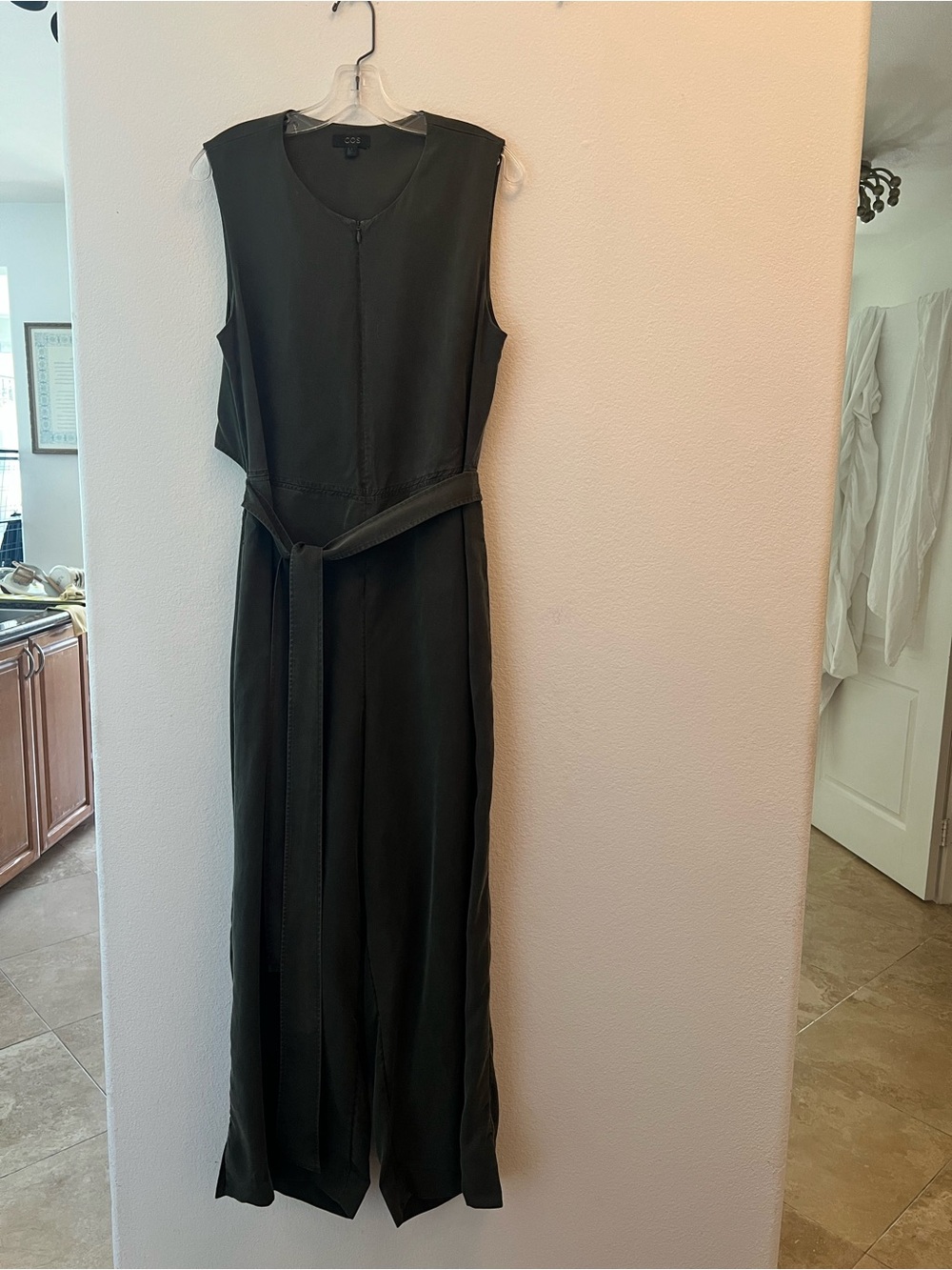 COS Olive Green Sleeve-less open back Jumpsuit with Tie Belt